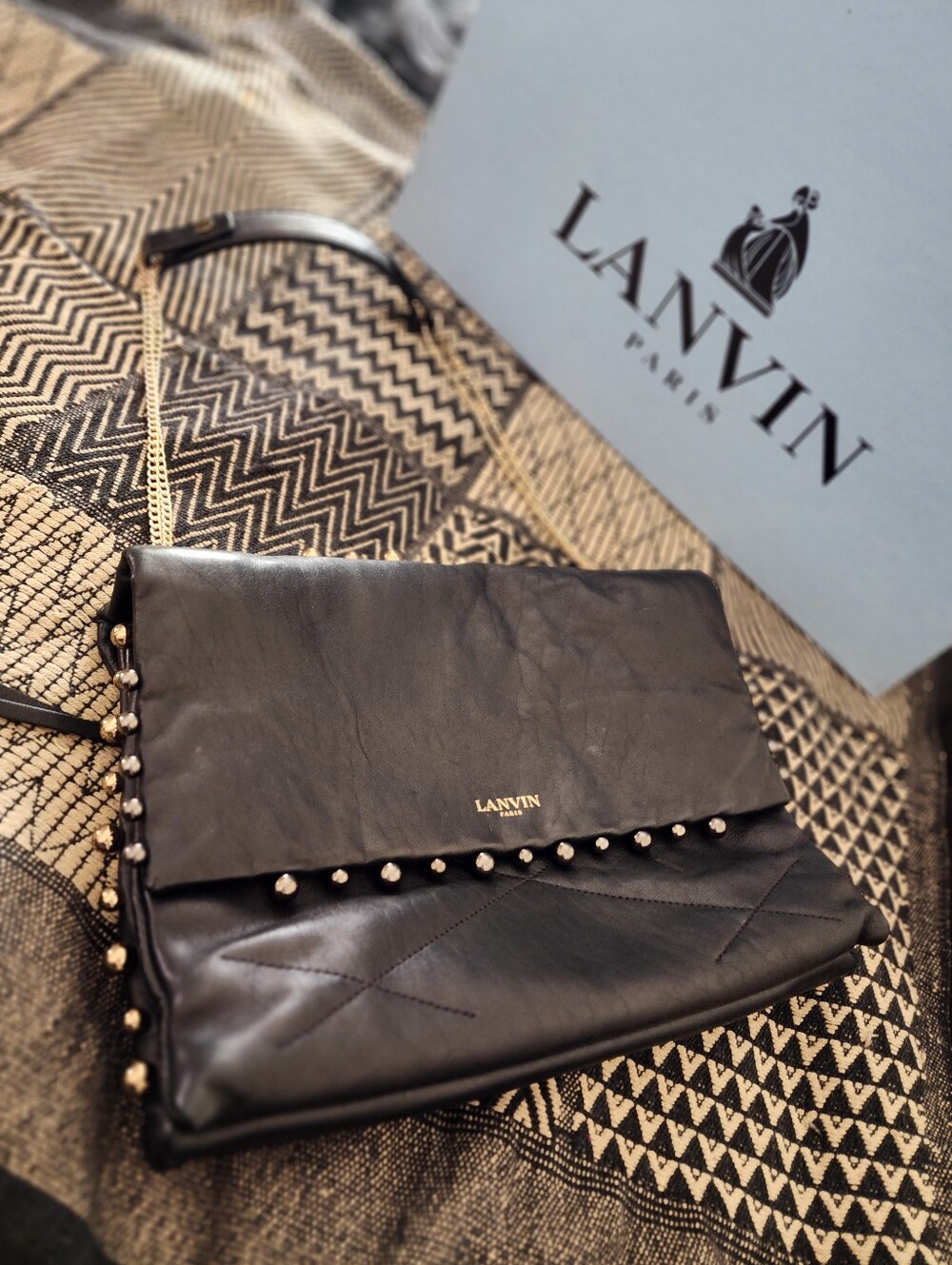 Lanvin Black Leather Crossbody with Gold Stud Trim